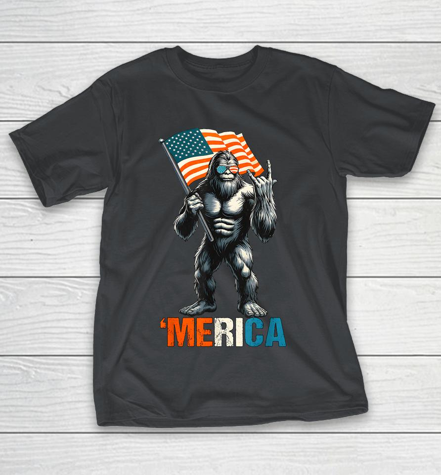 Bigfoot Merica Rock American Flag Patriotic USA 4th Of July Shirts