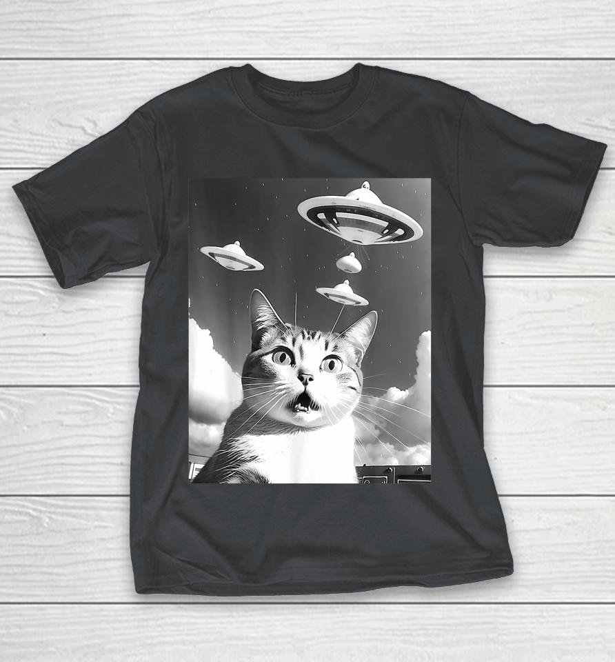 Cat Selfie With Alien Ufo Spaceship Funny Cat Lovers Shirts