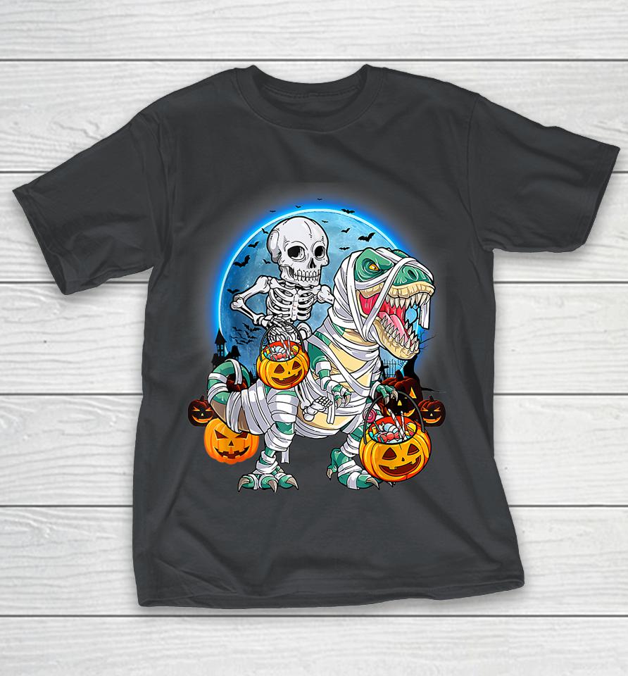 Halloween Skeleton Riding Mummy Dinosaurs T Rex Pumpkin Fun Shirts