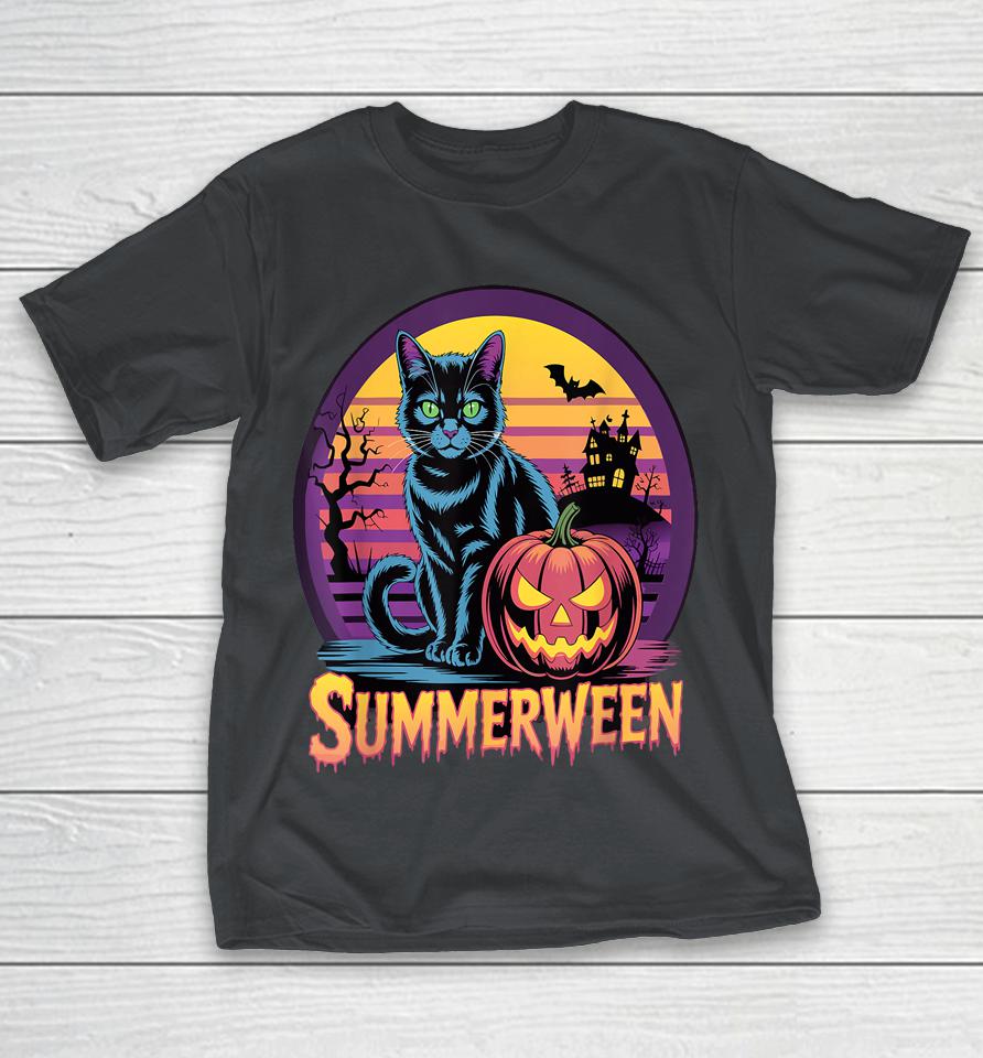 Retro Black Cat Spooky Cute Art Summerween Vibes Shirts