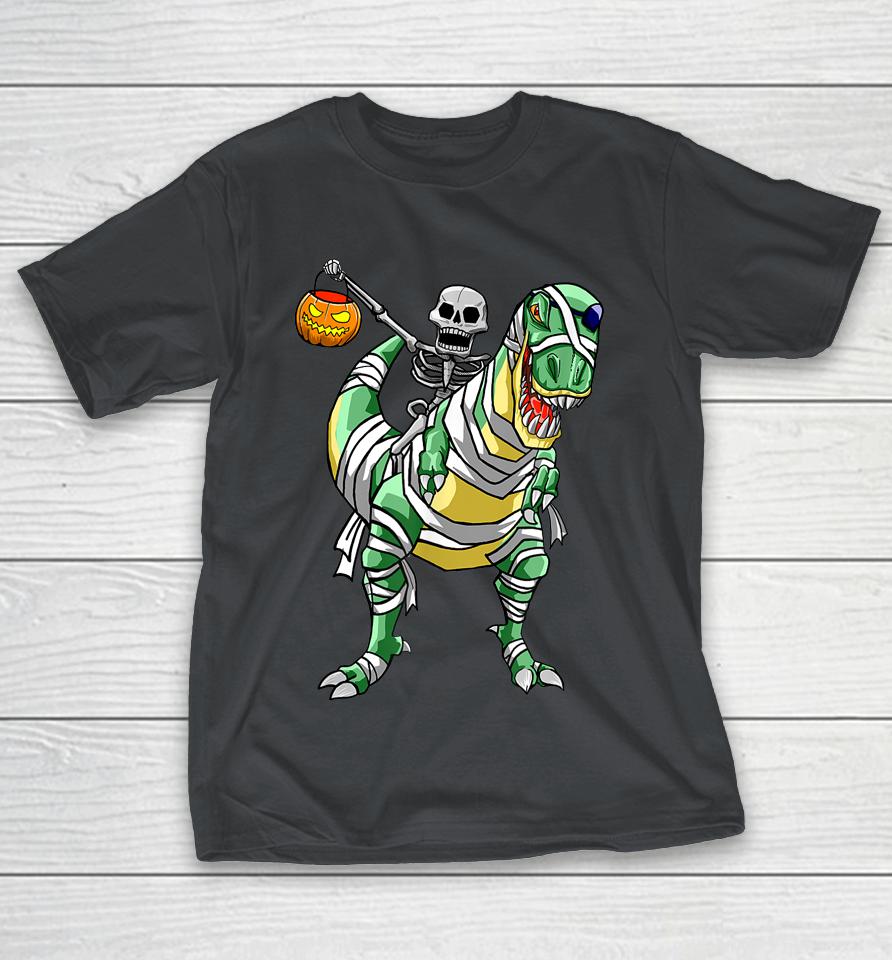 Skeleton Riding Mummy Dinosaur T Rex Halloween Funny Pumpkin Shirts