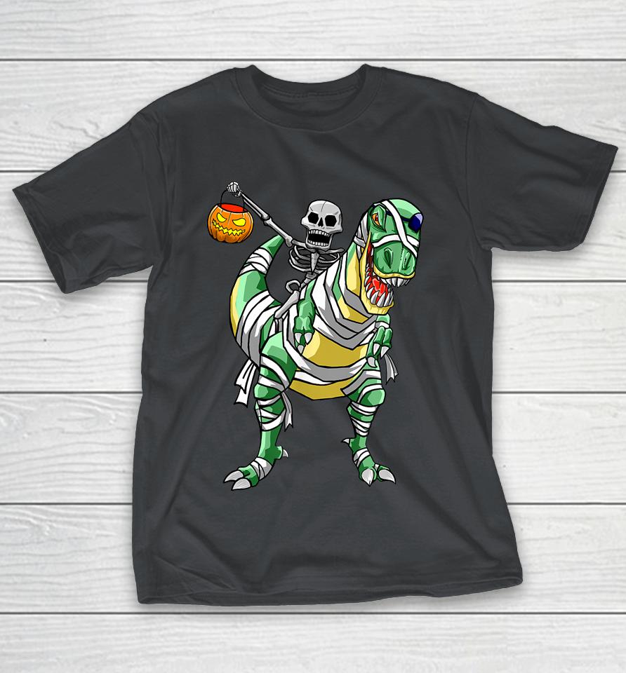 Skeleton Riding Mummy Dinosaur T Rex Halloween Funny Pumpkin Shirts