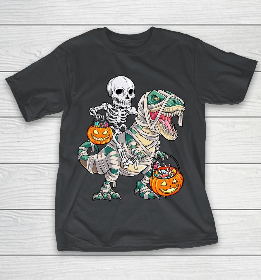 Skeleton Riding Mummy Dinosaur T Rex Halloween Funny Pumpkin Shirts