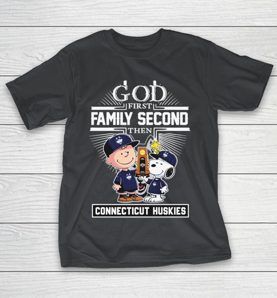Snoopy And Charlie Brown God First Family Second Then Uconn Huskies NCAA Final Four Trophy Shirts