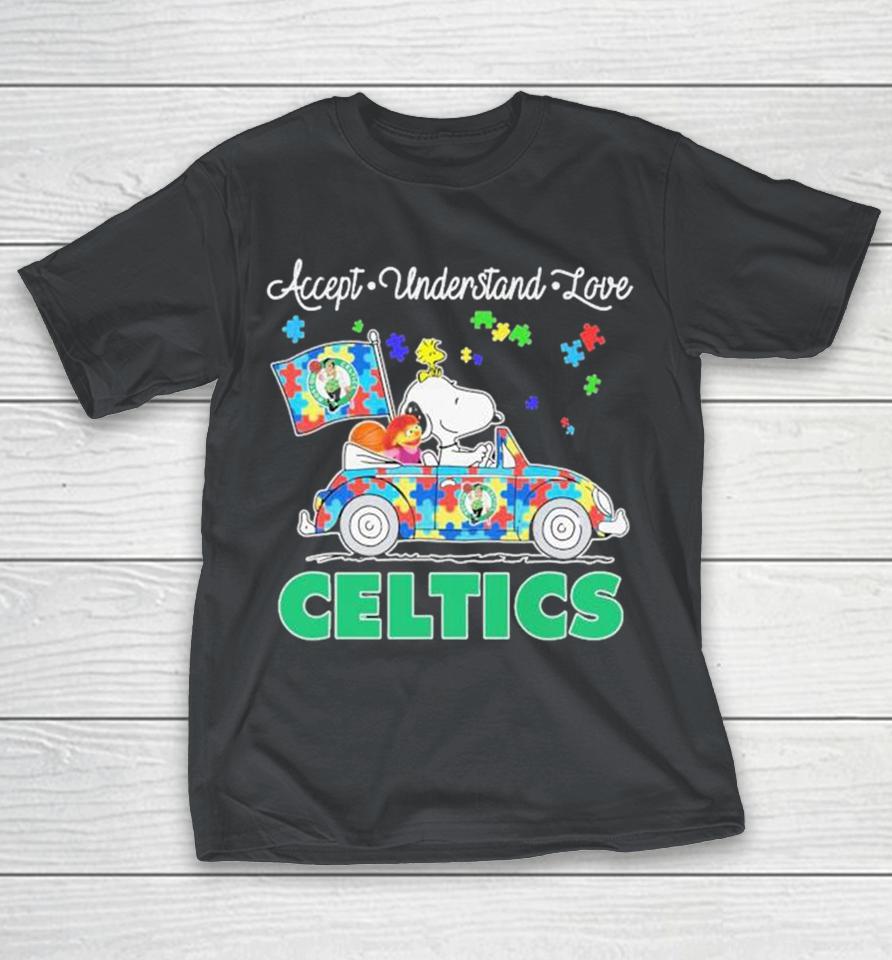 Snoopy And Woodstock Driving Car Boston Celtics Autism Accept Understand Love Shirts
