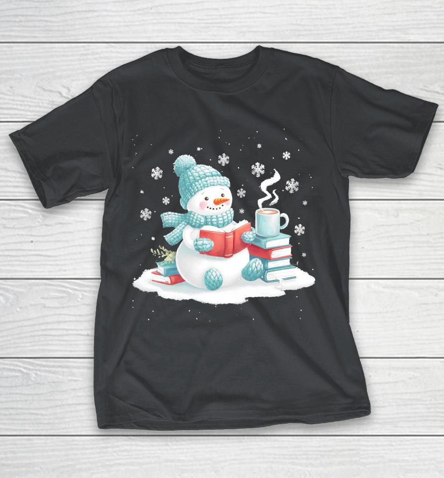 Snowman Reading Book Lovers Christmas Bookworm Librarian Shirts